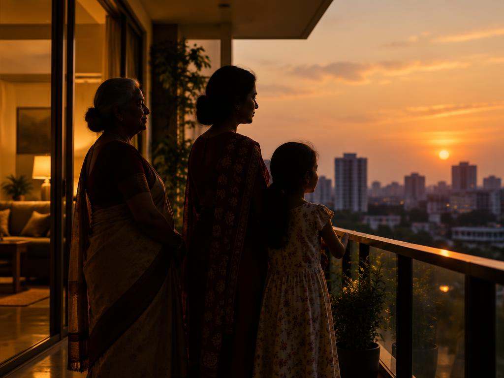 Three generations of an Indian family on a balcony at dusk