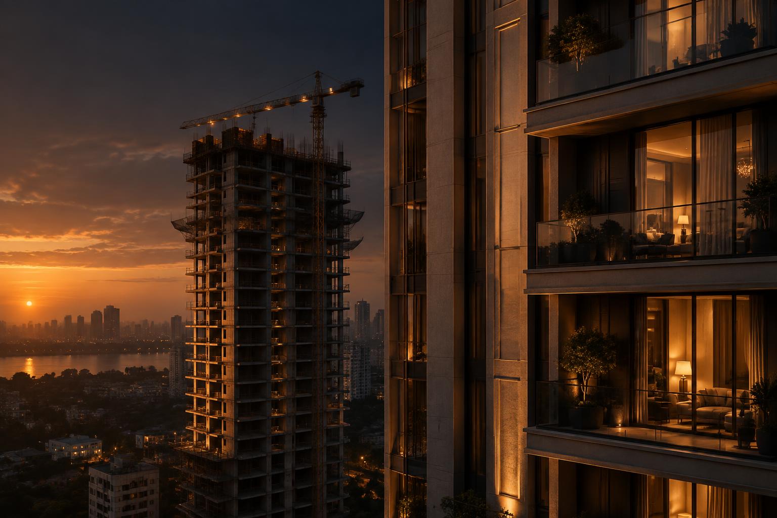 Premium residential tower under construction beside a completed luxury residence at dusk