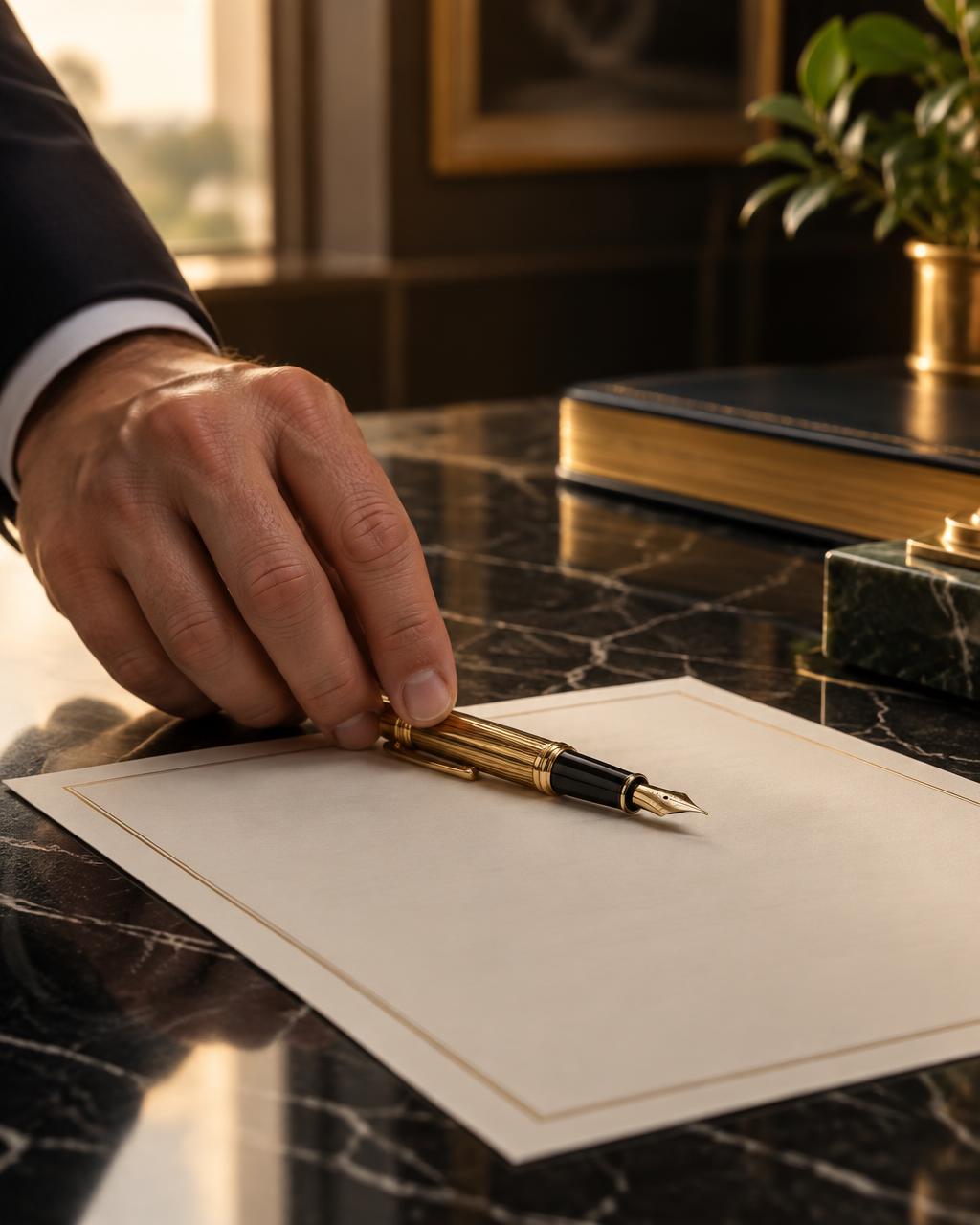 A gold fountain pen placed on a property document